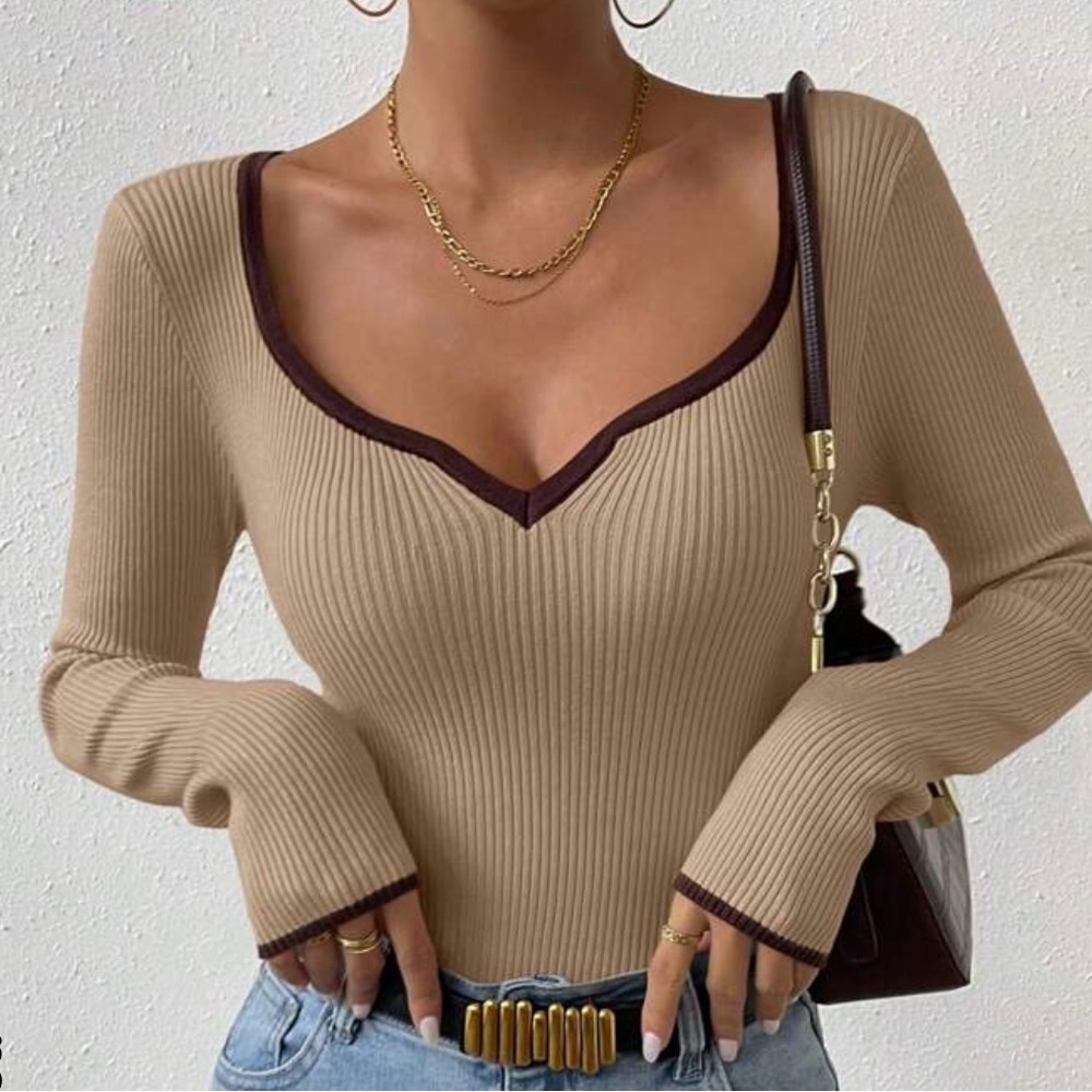 Women's Tan Ribbed V-Neck Top